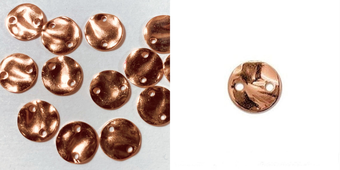 Copper Plated Hammered Round Disc 2-Hole Connectors, 10mm, 12 pcs