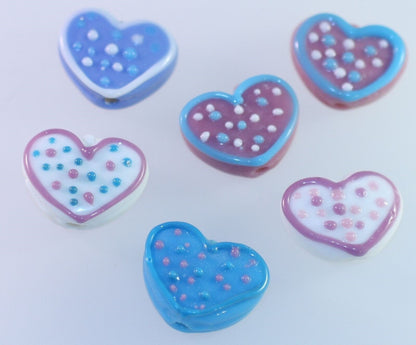 Lampwork Glass White Pastel Polka Dot 16x20mm Heart Beads, 6 pcs