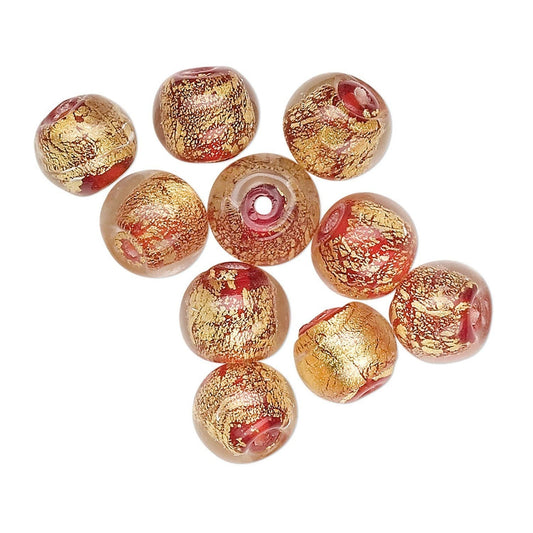 Lampwork Glass Round Beads, Red with 24Kt Gold Foil, 8mm, 10 pcs