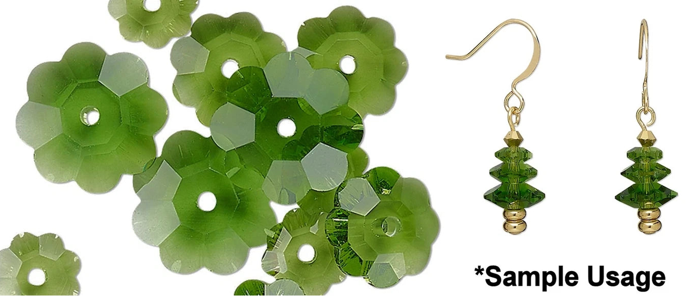 12 Trans Green Margarita Flower Glass Crystal Bead Mix of 3 Graduated Sizes