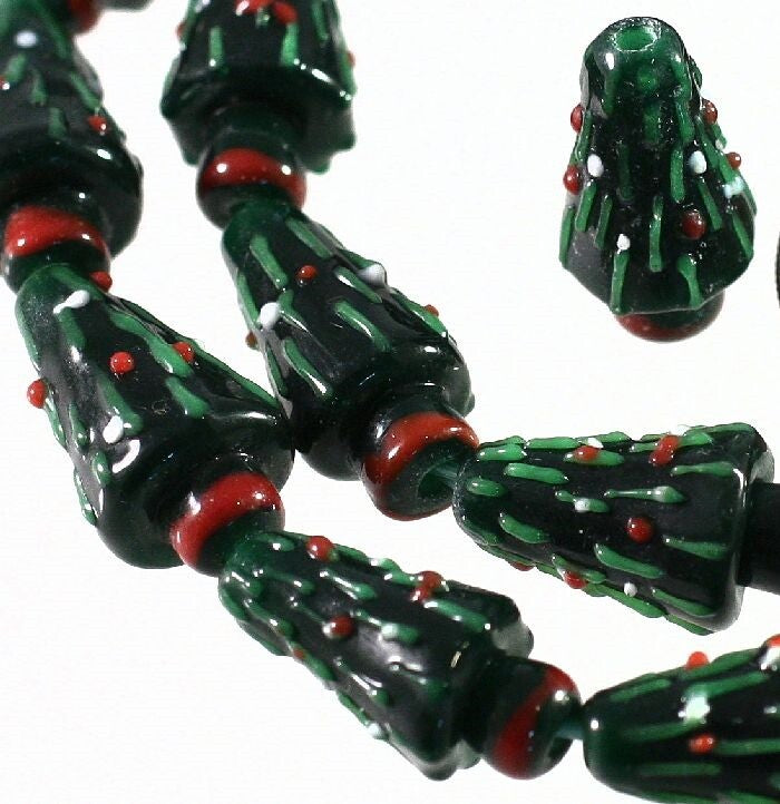 Lampwork Glass Dark Green 3D Christmas Tree 11x21mm Beads, 6 pcs