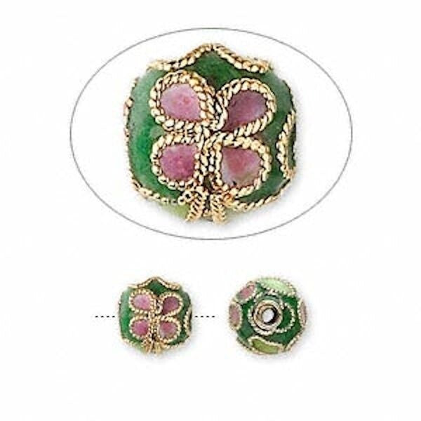 Green Cloisonné Round Flower Beads 8mm, 10 pcs