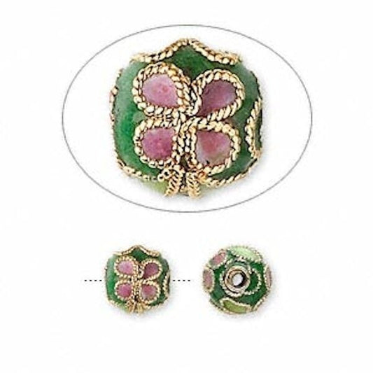 Green Cloisonné Round Flower Beads 8mm, 10 pcs