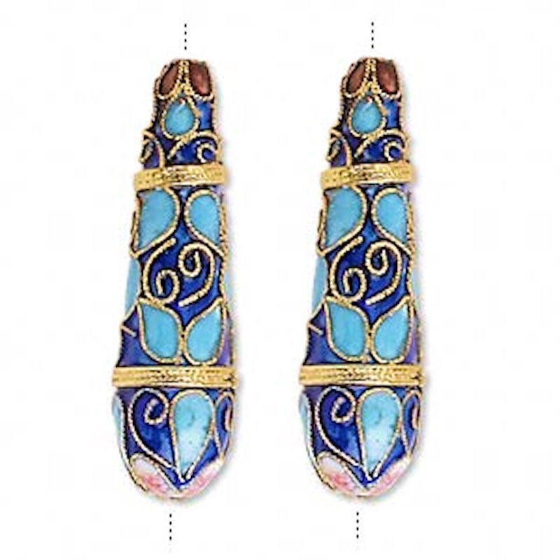 Blue Cloisonné Long Teardrop Beads 11x40mm, 2 pcs