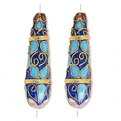 Blue Cloisonné Long Teardrop Beads 11x40mm, 2 pcs