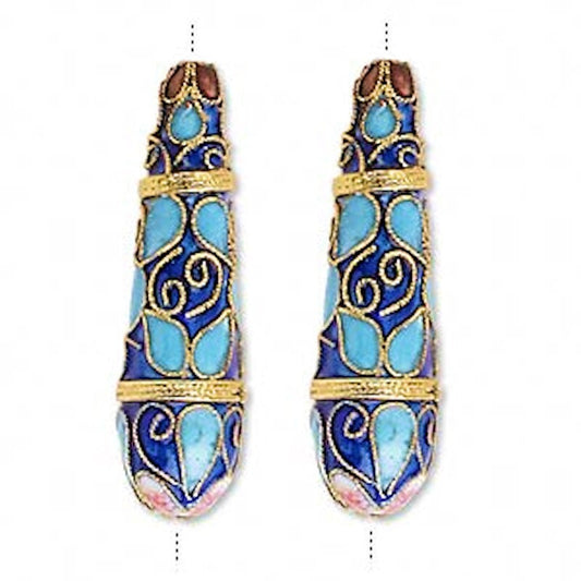 Blue Cloisonné Long Teardrop Beads 11x40mm, 2 pcs