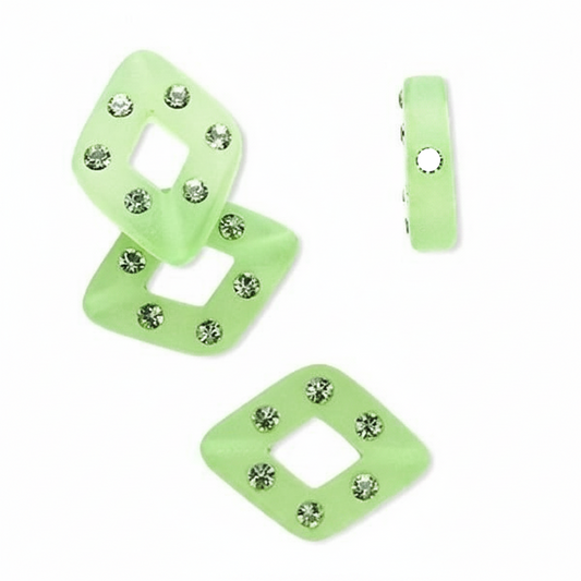 Frosted Green Resin Diamond Beads with Swarovski Crystals, 17x13mm, 4 pcs