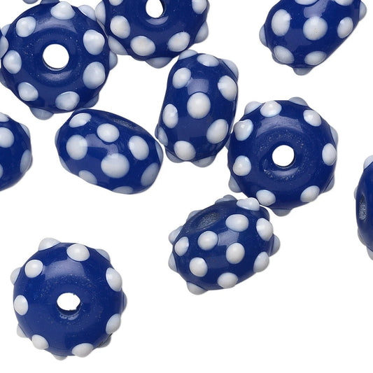 Lampworked Glass Blue & White Rondelle Beads, 13x9mm, 24 pcs
