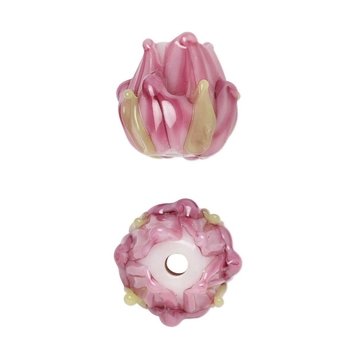 Lampwork Glass 3D Flower Beads, Pink & Light Green, 2 pcs