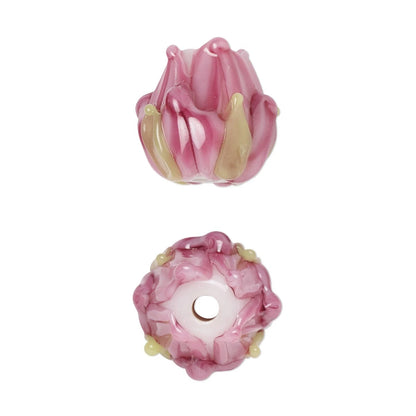 Lampwork Glass 3D Flower Beads, Pink & Light Green, 2 pcs