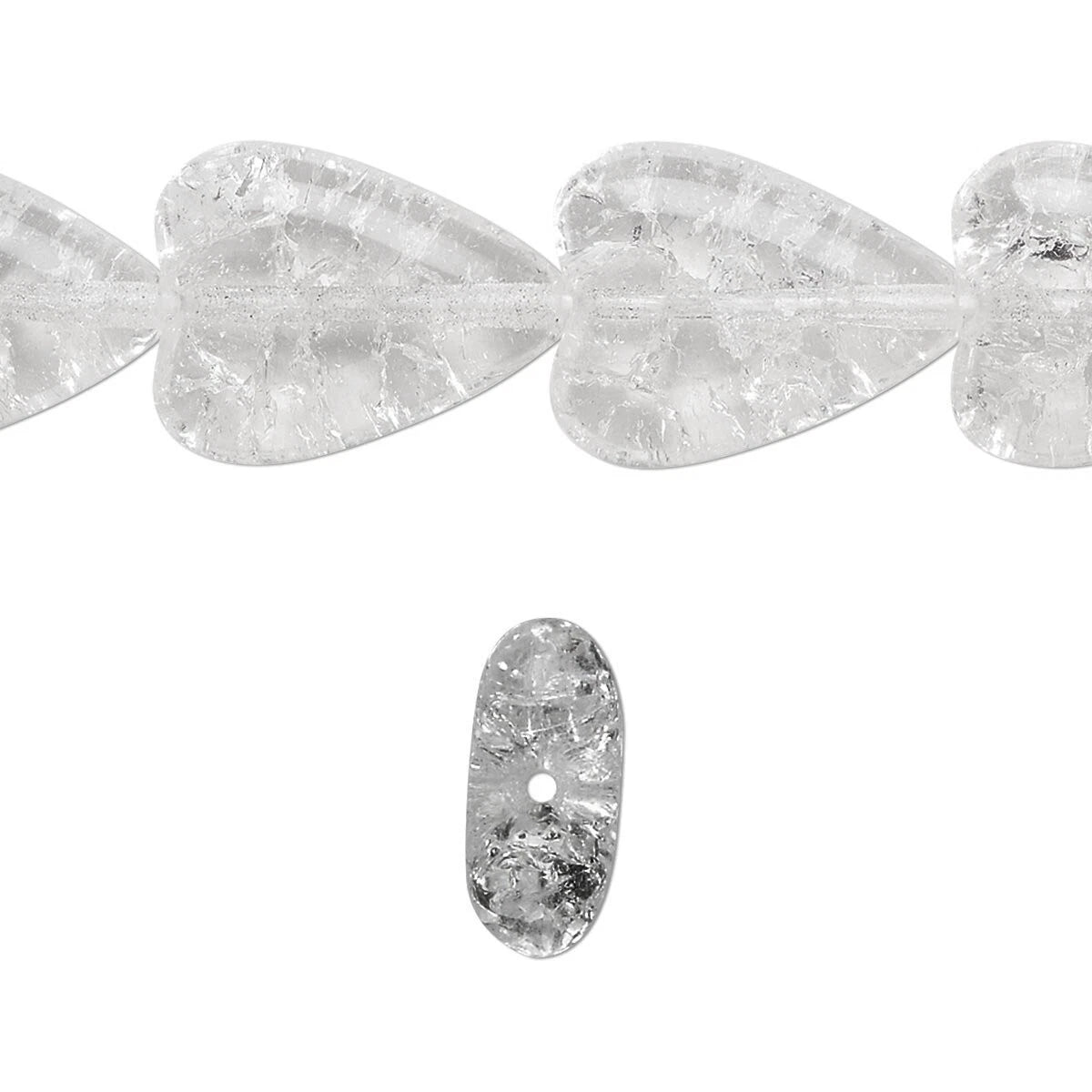 Clear quartz crystal beads with natural inclusions, shown as a strand segment and a single oval-shaped bead on a white background.