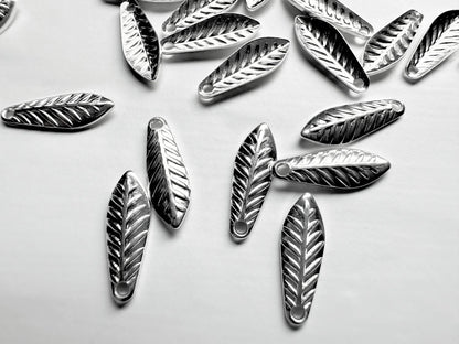 Silver Plated Brass Curved Leaf Drop Charms, 11.5x4mm, 144 pcs
