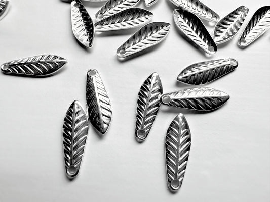 Silver Plated Brass Curved Leaf Drop Charms, 11.5x4mm, 144 pcs