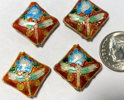 Multicolor Cloisonné Diamond Dragonfly & Flower Beads 19x6mm, 4 pcs