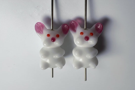 Lampworked Glass White & Pink Bunny Beads, 23x17mm, 4 pcs