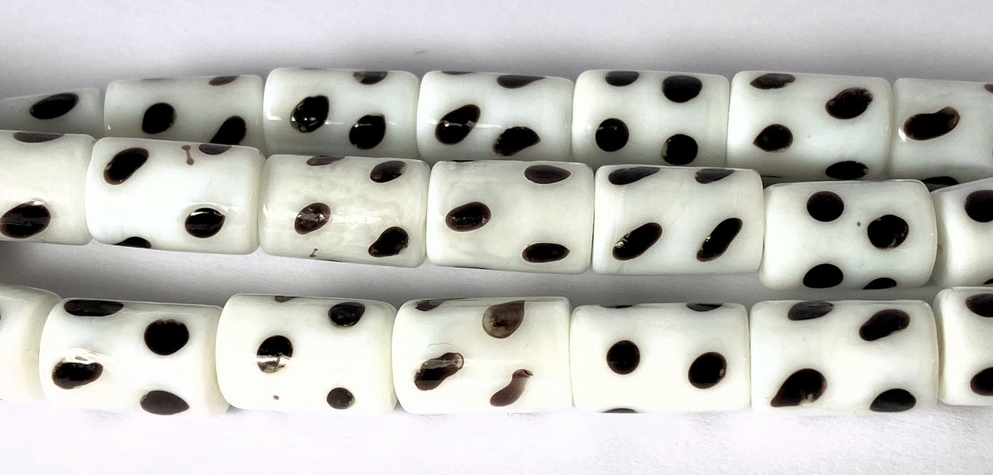 Lampwork Glass White Black Polka Dot 16x11mm Tube Beads, 1 Strand (approx. 25)
