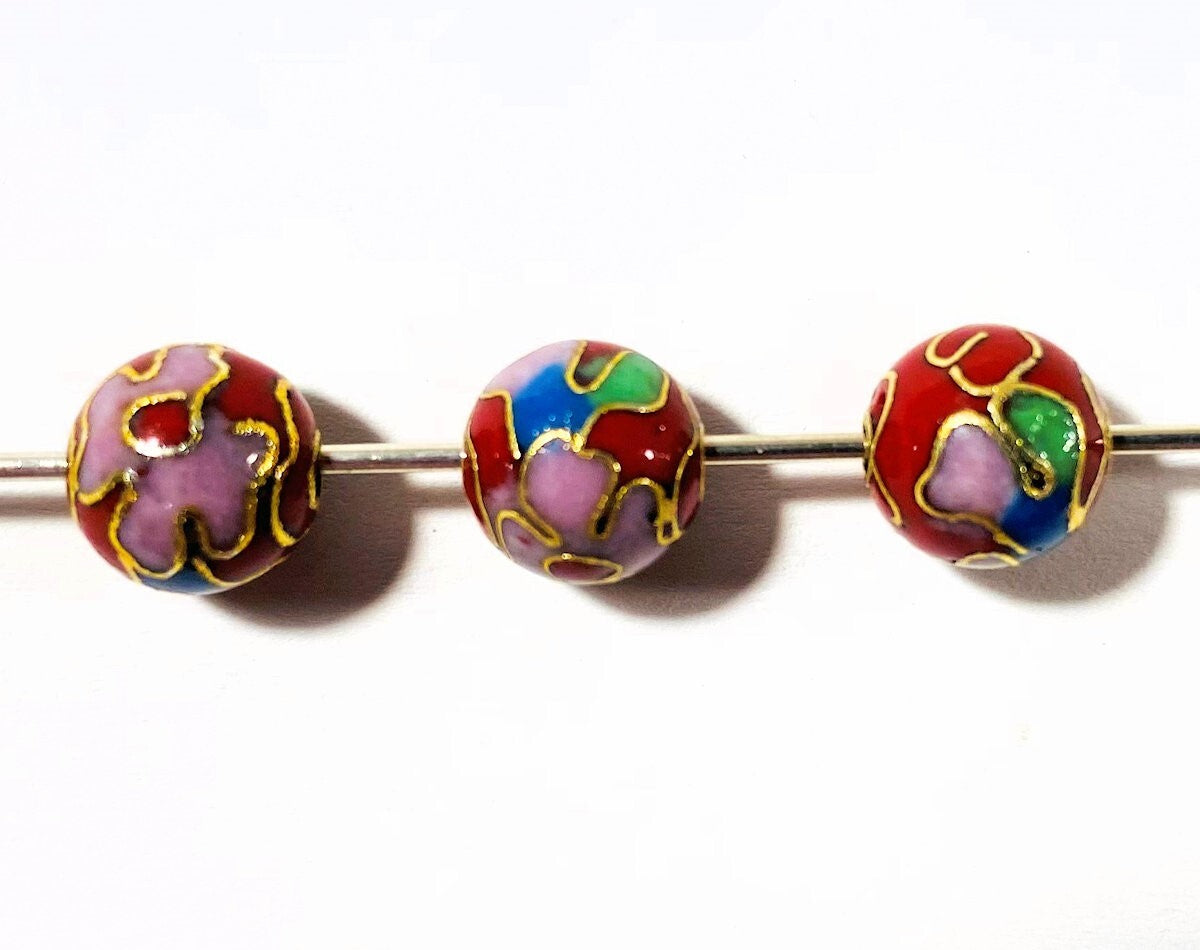 Multicolor Red Cloisonné Round Beads 8mm, 10 pcs