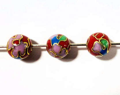 Multicolor Red Cloisonné Round Beads 8mm, 10 pcs