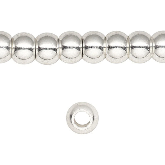 Silver Plated Solid Brass 8x6mm Pony Beads, Large Hole 4mm, 1 Strand (approx. 66)