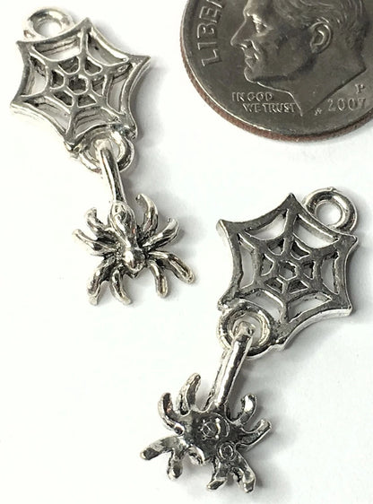 Antiqued Pewter Swinging Spider with Web Charms, 26x12mm, 2 pcs