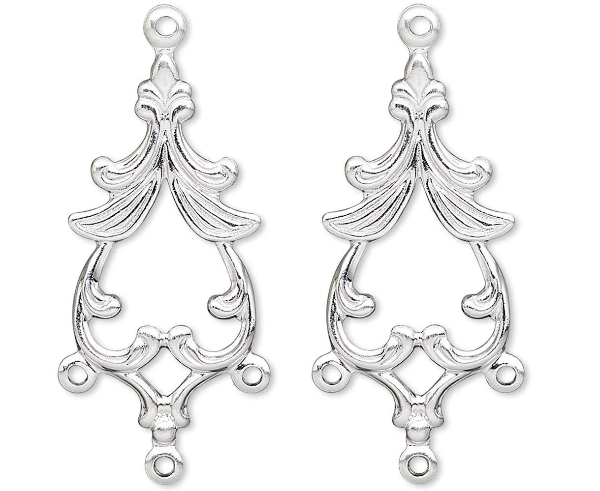 Silver Plated Brass Fancy Spade Chandelier Drops, 27x13mm, 3 Loops, 144 pcs