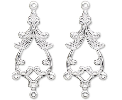 Silver Plated Brass Fancy Spade Chandelier Drops, 27x13mm, 3 Loops, 144 pcs