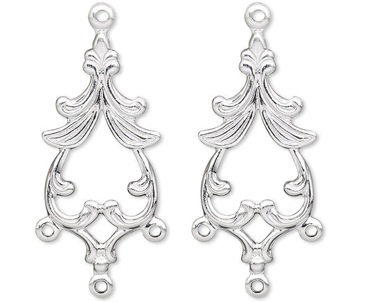 Silver Plated Brass Fancy Spade Chandelier Drops, 27x13mm, 3 Loops, 144 pcs