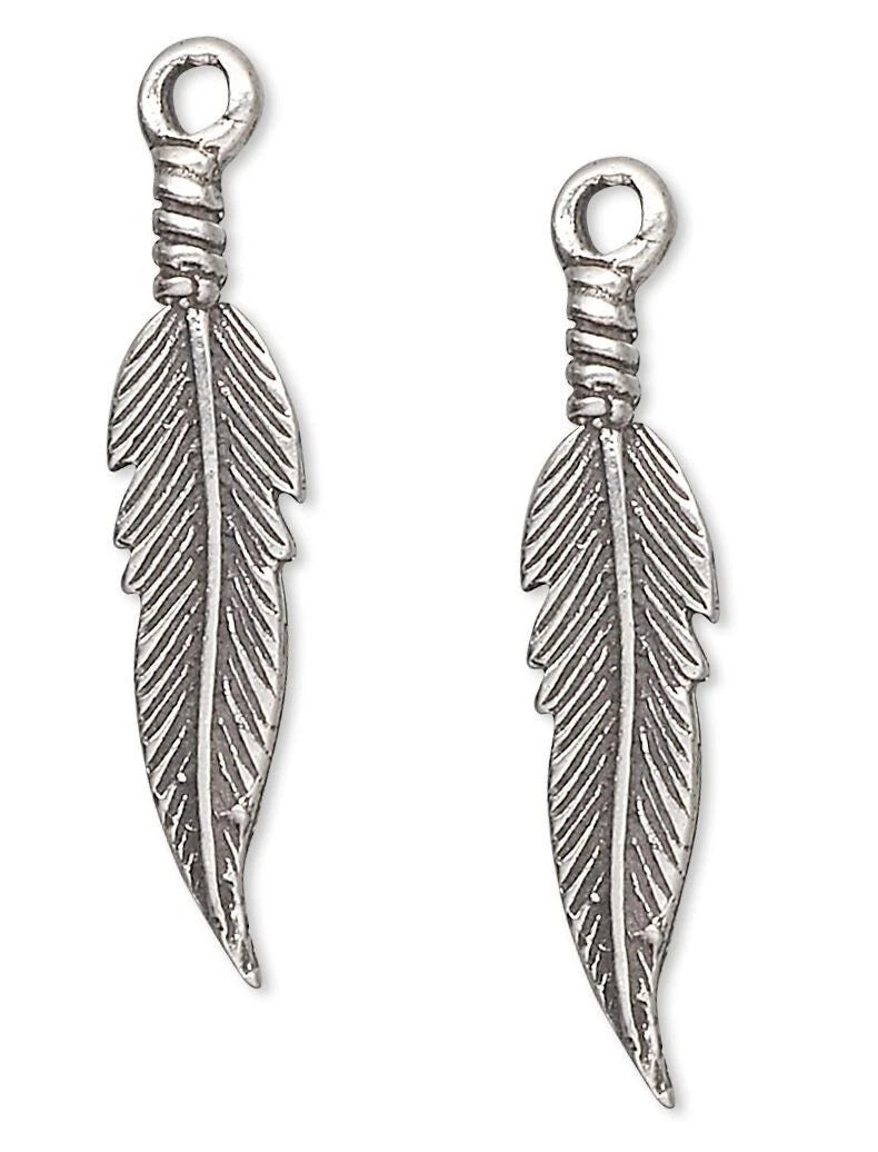 Feather Charm, Antiqued Sterling Silver 25x6mm, 2 pcs