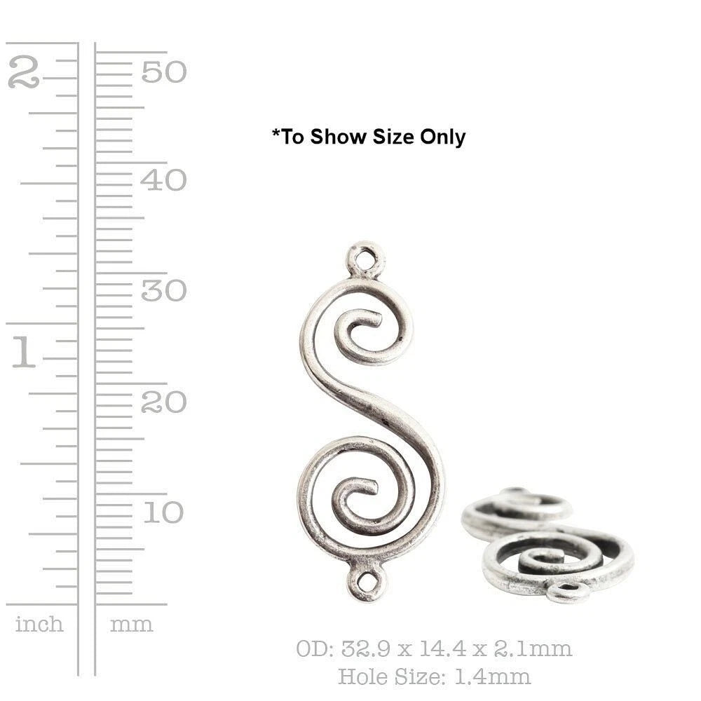 Silver spiral-shaped jewelry findings charm shown with a size ruler on the left, text reading '*To Show Size Only', and dimensions 'OD: 52.9 x 14.