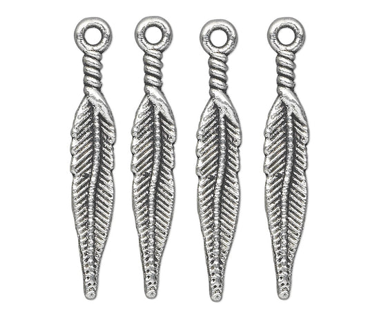 Antiqued Silver Pewter Double-Sided Feather Charms, 26x5mm, 10 pcs