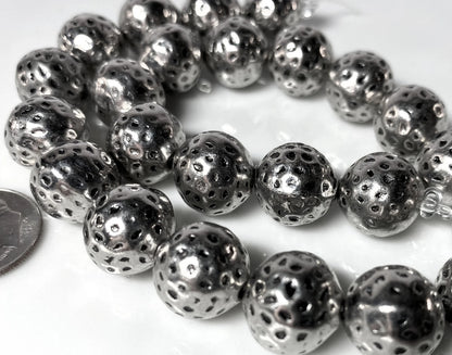 Antiqued Silver Plated Brass Hammered Round Beads, 13mm, 1 Strand (approx. 22-24)