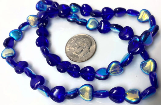 Czech Light Cobalt Blue AB Pressed Glass Heart Beads, 8mm, 1 Strand (approx. 50)