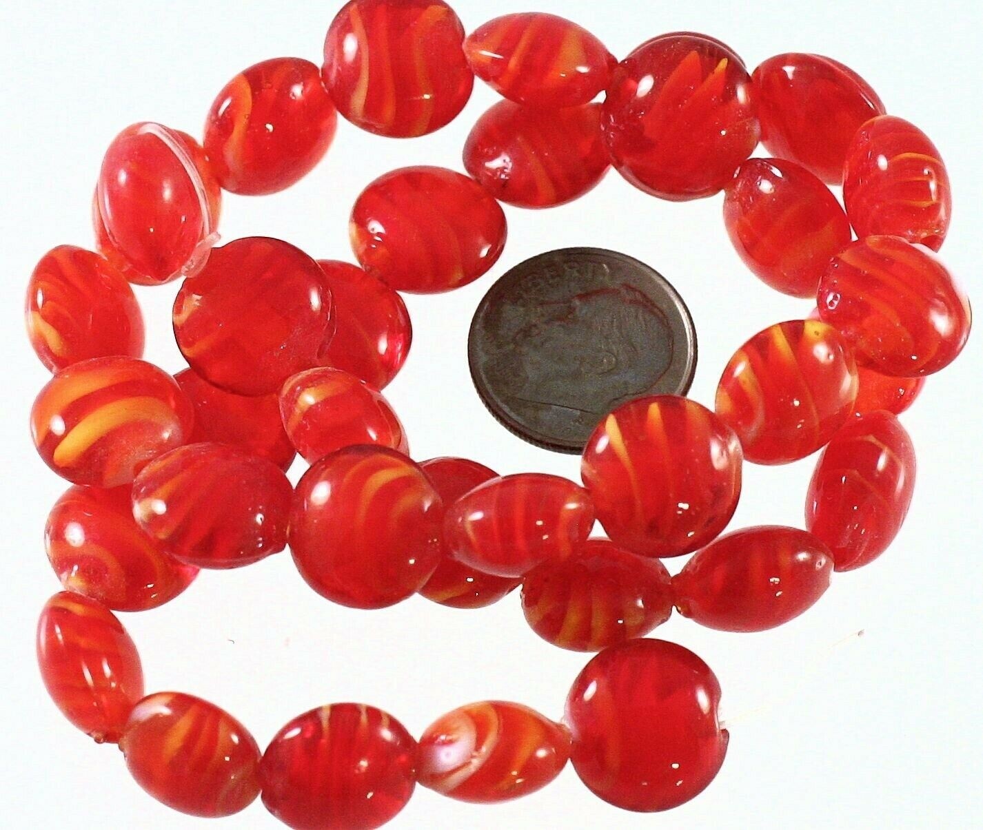 Lampworked Glass Orange-Red Swirl 11-12mm Puffed Coin Beads, 1 Strand (approx. 35-37)