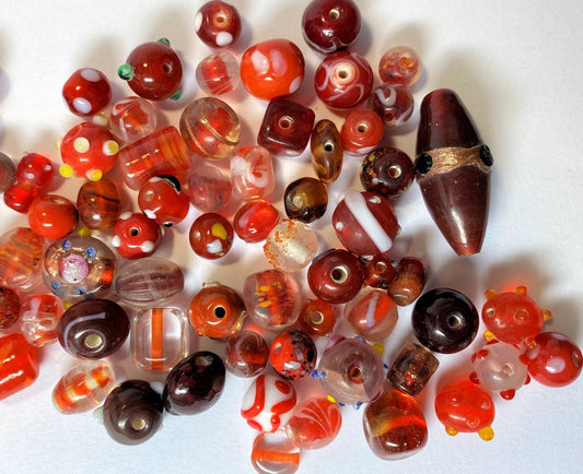 Lampworked Glass Bead Mix, Red Tones, 7x4mm–20x11mm, 3 oz (approx. 60–80 pcs)