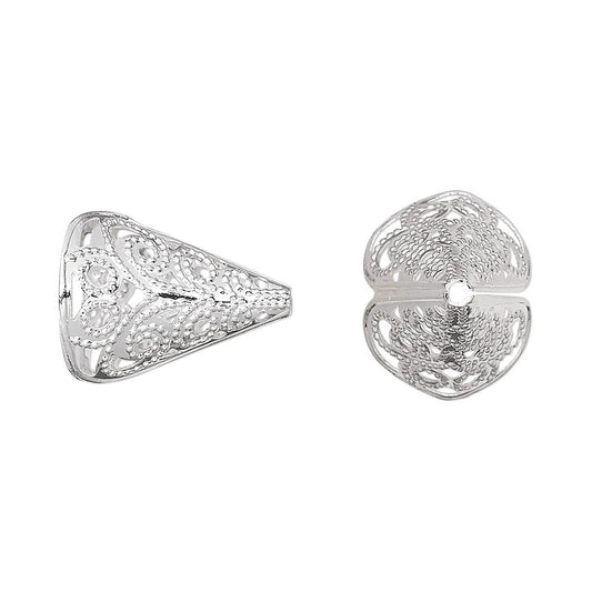 Silver Plated Brass Filigree Cone Bead Caps, 12x16mm, 10 pcs