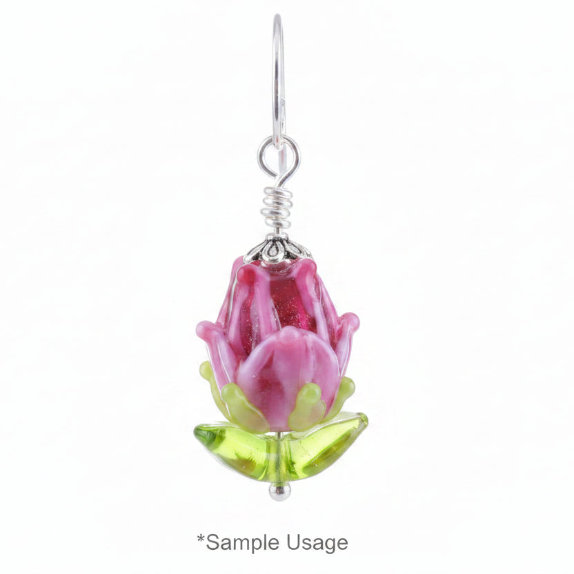 Lampwork Glass 3D Flower Beads, Pink & Light Green, 2 pcs