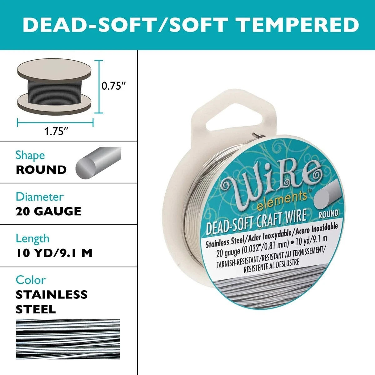 BeadSmith Tarnish Resistant Stainless Steel Round Wire, 20 Gauge Soft - 10 Yards