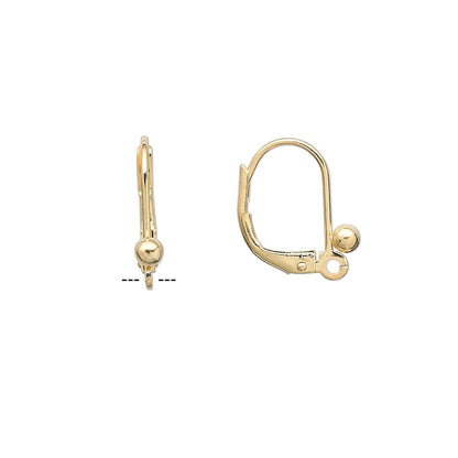 Leverback Ear Wire, Gold Plated Brass 16mm Ball & Closed Loop, 100 pcs