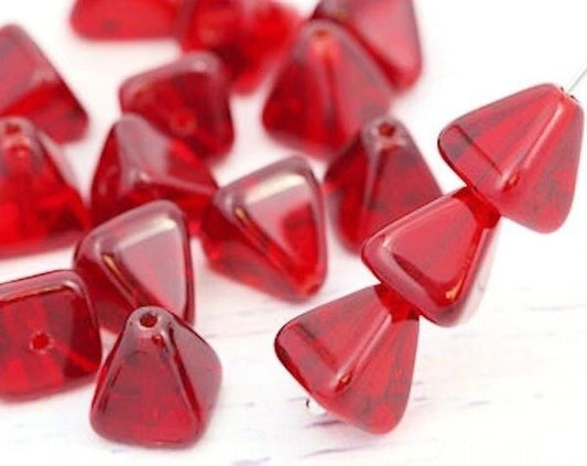 Transparent Red Czech Glass Pyramid Beads, 8x8mm - 24 pcs