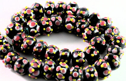 Lampwork Glass Black White Pink & Yellow 9x14mm Rondelle Beads, 10 pcs