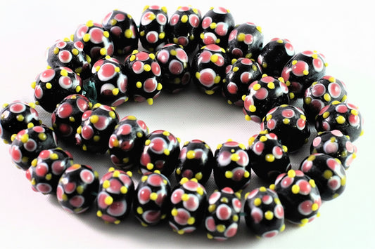 Lampwork Glass Black White Pink & Yellow 9x14mm Rondelle Beads, 10 pcs