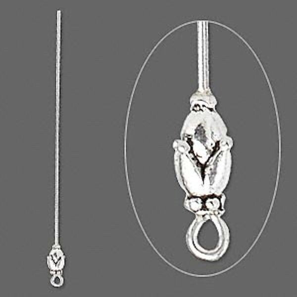 Antiqued Silver Plated Fancy Floral Bud Head Pins, 3-3.5" 18 Gauge - Set of 4