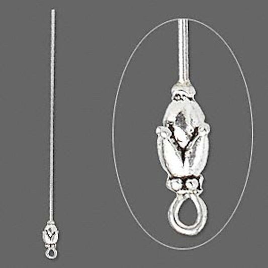 Antiqued Silver Plated Fancy Floral Bud Head Pins, 3-3.5" 18 Gauge - Set of 4