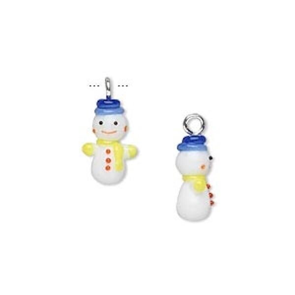 Lampwork Glass Snowman with Blue Hat 13x7mm Charm, 1 pc