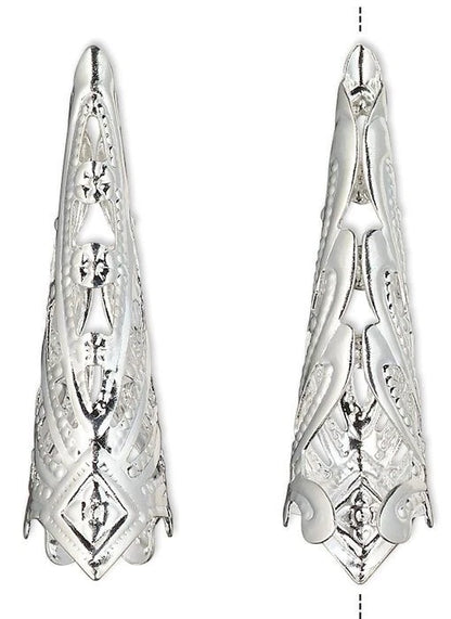 Silver Plated Brass Filigree Cone Bead Caps, 35x9mm, 6 pcs