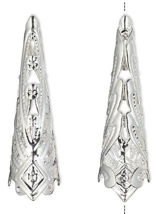 Silver Plated Brass Filigree Cone Bead Caps, 35x9mm, 6 pcs