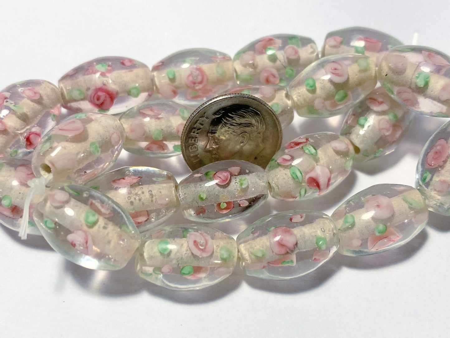 Lampwork Glass 14x11mm Oval Beads, Clear, Green & Pink Flower, 10 pcs