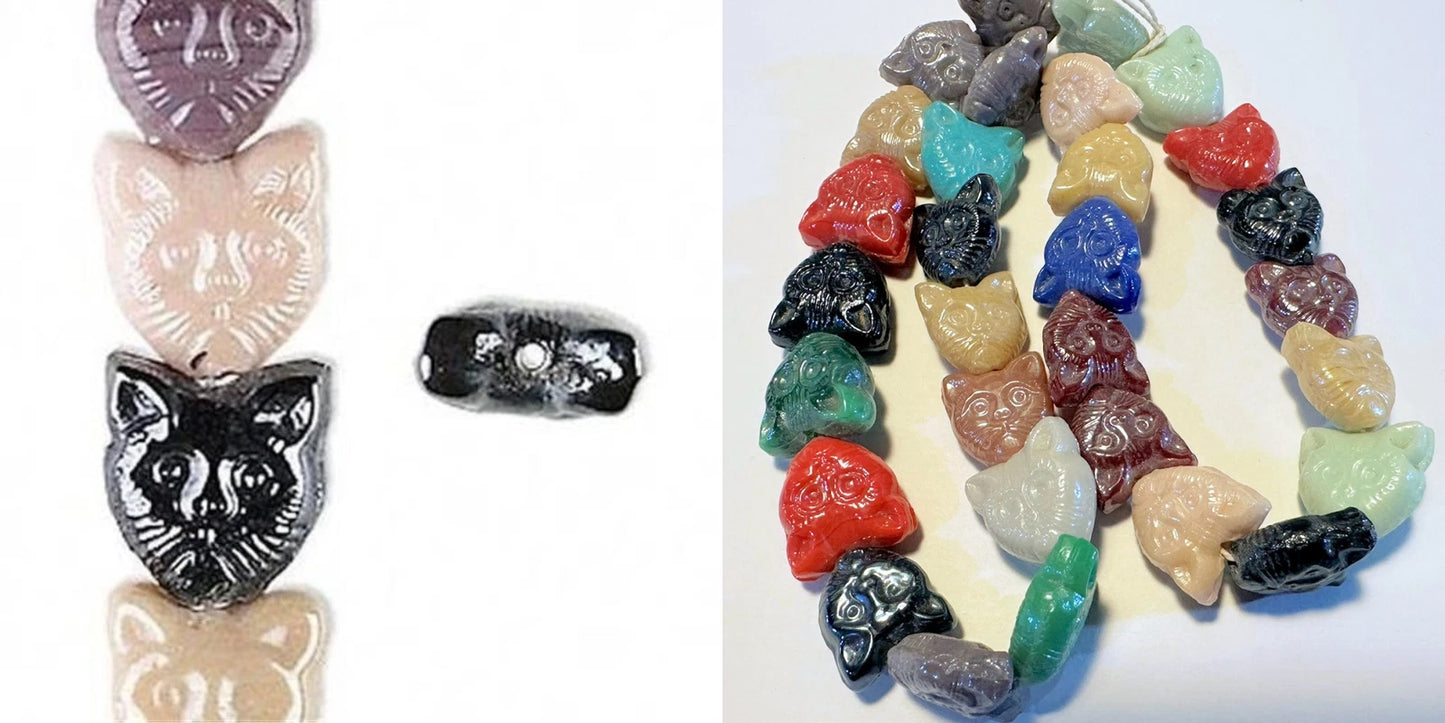 Pressed Glass Cat Face Beads, Multicolor, 15x13.5mm, 1 Strand (approx. 30 pcs)