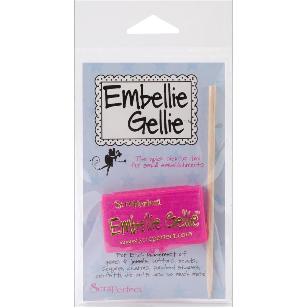 Embellie Gellie tool packaging with a pink pick-up tool inside, on a white background.