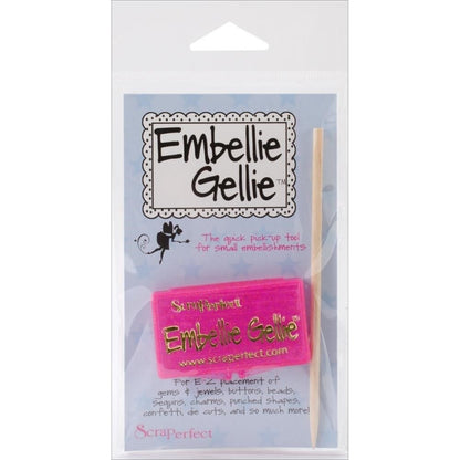 Embellie Gellie tool packaging with a pink pick-up tool inside, on a white background.